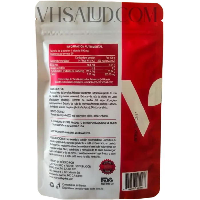 Parte trasera del empaque del suplemento V-Itaren de VitalHealth con tabla nutrimental, ingredientes y modo de uso