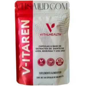 Frente del empaque del suplemento V-Itaren de VitalHealth con extractos de diente de león, moringa y uva ursi