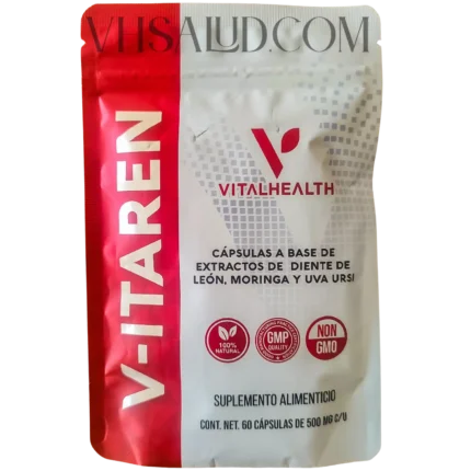 Frente del empaque del suplemento V-Itaren de VitalHealth con extractos de diente de león, moringa y uva ursi