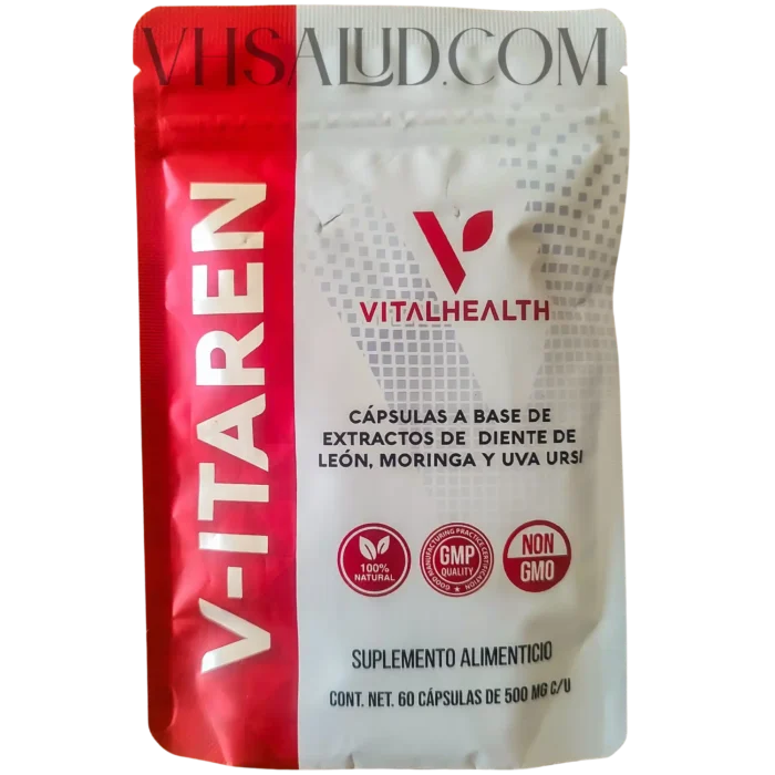 Frente del empaque del suplemento V-Itaren de VitalHealth con extractos de diente de león, moringa y uva ursi