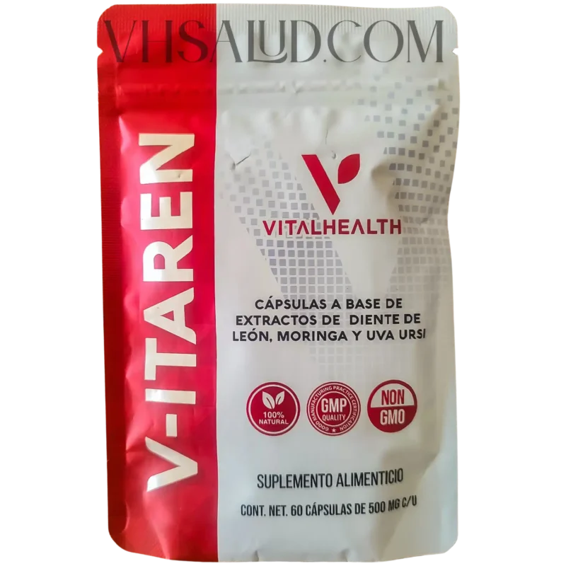 Frente del empaque del suplemento V-Itaren de VitalHealth con extractos de diente de león, moringa y uva ursi
