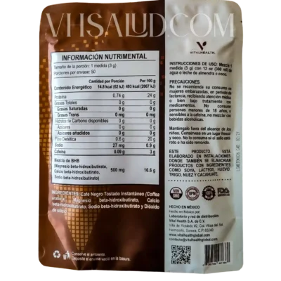 Tabla nutrimental y modo de uso del V-Ketokafe BHB de VitalHealth, café negro cetogénico con mezcla de beta-hidroxibutiratos.