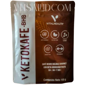 Empaque de V-Ketokafe BHB de VitalHealth, café negro soluble con BHB ideal para dieta cetogénica, sin azúcar ni gluten