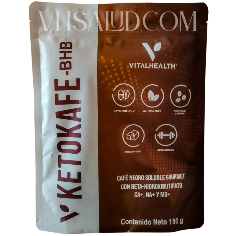 Empaque de V-Ketokafe BHB de VitalHealth, café negro soluble con BHB ideal para dieta cetogénica, sin azúcar ni gluten