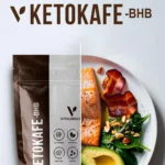 Miniatura de testimonios y opiniones del café cetogénico V-Ketokafe BHB de VitalHealth, con alimentos keto en fondo.