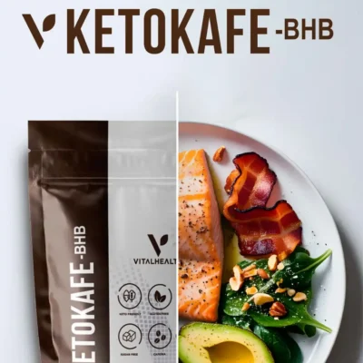 Miniatura de testimonios y opiniones del café cetogénico V-Ketokafe BHB de VitalHealth, con alimentos keto en fondo.
