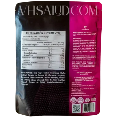 Información nutrimental y modo de uso del suplemento V Lovkafe de VitalHealth, con tongkat ali, maca, ginseng y L-arginina.