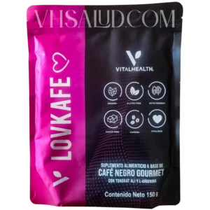 Empaque del suplemento V Lovkafe de VitalHealth con ingredientes como tongkat ali y L-arginina, diseñado para mejorar la vitalidad.