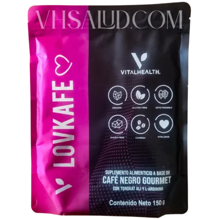Empaque del suplemento V Lovkafe de VitalHealth con ingredientes como tongkat ali y L-arginina, diseñado para mejorar la vitalidad.