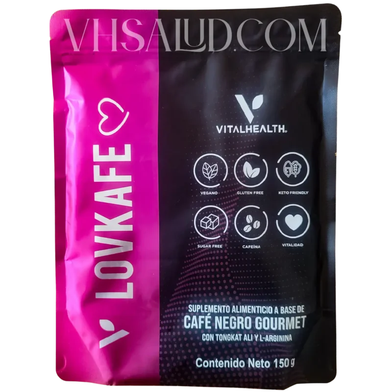 Empaque del suplemento V Lovkafe de VitalHealth con ingredientes como tongkat ali y L-arginina, diseñado para mejorar la vitalidad.