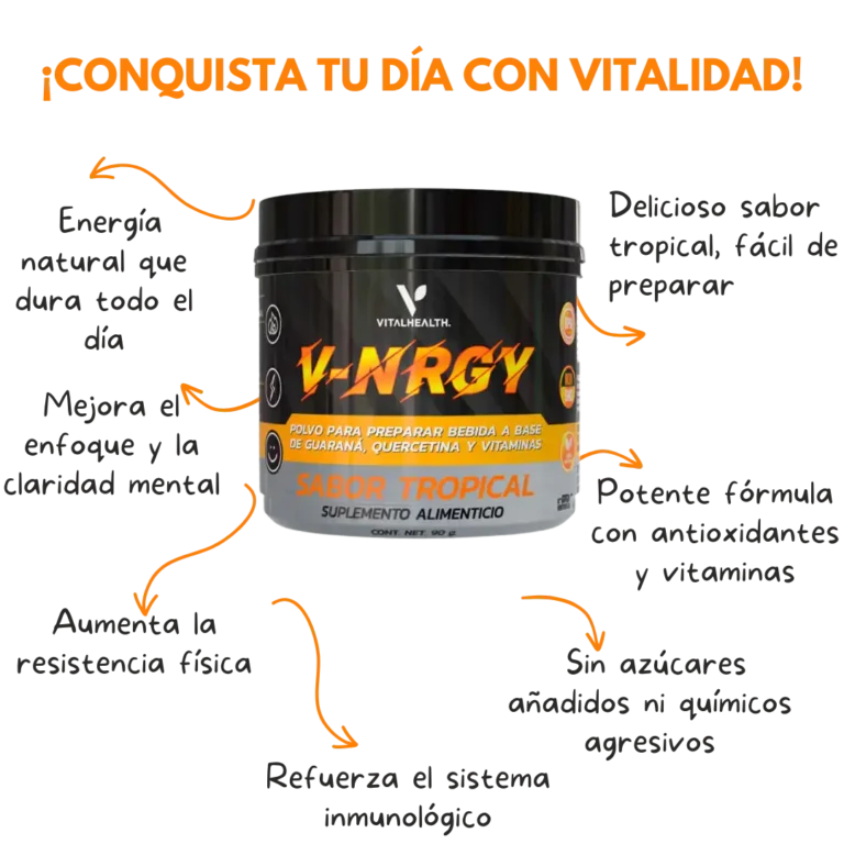 Imagen promocional del suplemento V-NRGY de VitalHealth con beneficios como energía natural, enfoque mental, resistencia física y apoyo inmunológico.