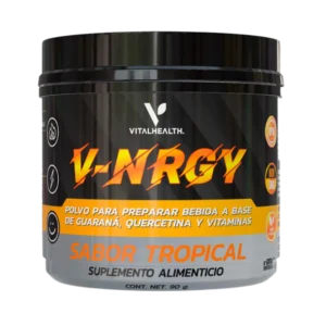Frasco de suplemento V-NRGY sabor tropical de VitalHealth, a base de guaraná, quercetina y vitaminas para energía y vitalidad.
