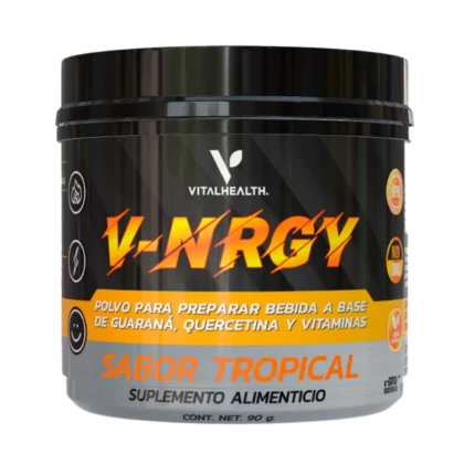 Frasco de suplemento V-NRGY sabor tropical de VitalHealth, a base de guaraná, quercetina y vitaminas para energía y vitalidad.