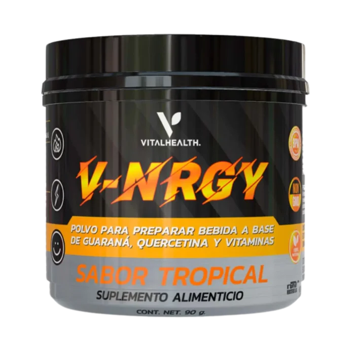 Frasco de suplemento V-NRGY sabor tropical de VitalHealth, a base de guaraná, quercetina y vitaminas para energía y vitalidad.