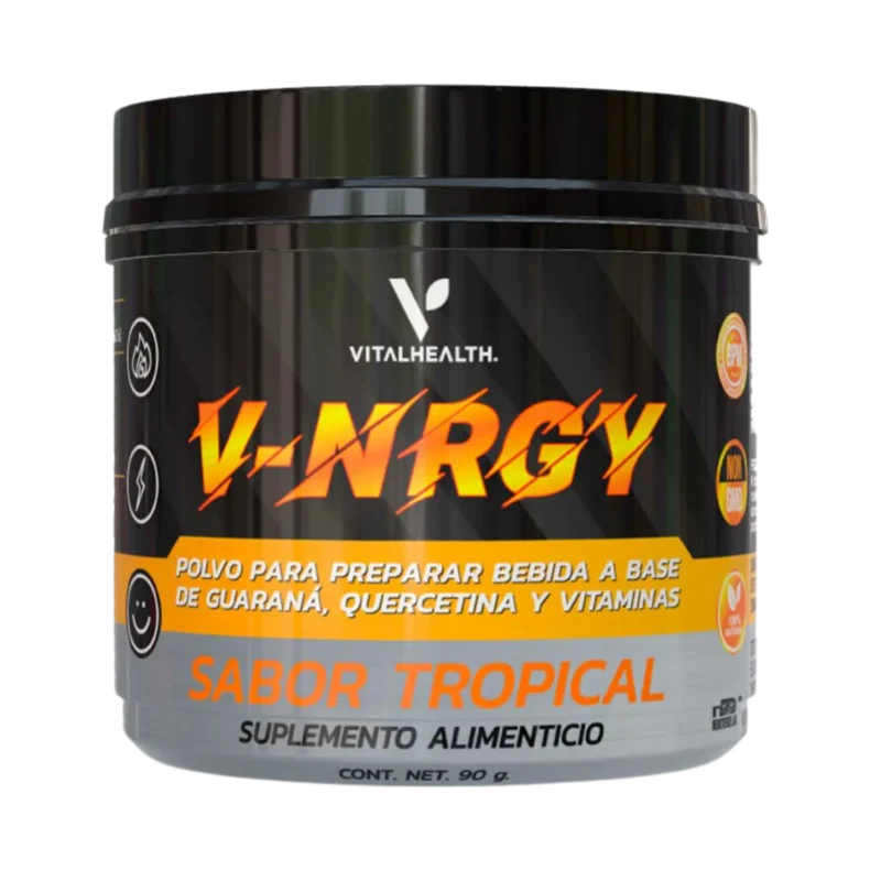 Frasco de suplemento V-NRGY sabor tropical de VitalHealth, a base de guaraná, quercetina y vitaminas para energía y vitalidad.