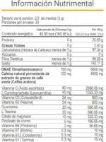 Tabla nutrimental del suplemento V-NRGY de VitalHealth con ingredientes como cafeína natural, dimetilaminoetanol, quercetina y vitaminas energizantes.
