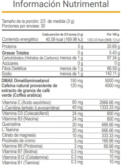 Tabla nutrimental del suplemento V-NRGY de VitalHealth con ingredientes como cafeína natural, dimetilaminoetanol, quercetina y vitaminas energizantes.