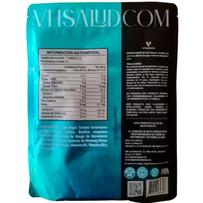 Tabla nutrimental y modo de uso del producto V Neurokafe de VitalHealth, con ingredientes como ganoderma, ginseng y probióticos.