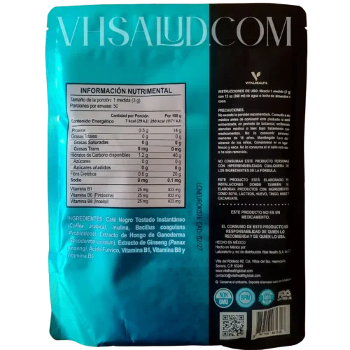 Tabla nutrimental y modo de uso del producto V Neurokafe de VitalHealth, con ingredientes como ganoderma, ginseng y probióticos.