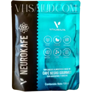 Empaque de V Neurokafe de VitalHealth con café negro gourmet, ganoderma y ginseng, resaltando sus propiedades nootrópicas.