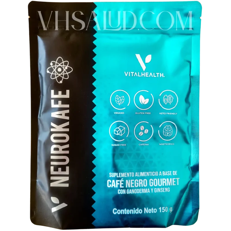 Empaque de V Neurokafe de VitalHealth con café negro gourmet, ganoderma y ginseng, resaltando sus propiedades nootrópicas.