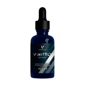 Frasco de V-Nitro VitalHealth con cuentagotas. Suplemento en gotas diseñado para mejorar el rendimiento físico, la circulación y la vitalidad.