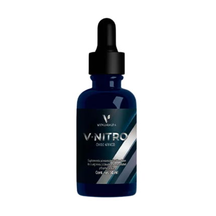Frasco de V-Nitro VitalHealth con cuentagotas. Suplemento en gotas diseñado para mejorar el rendimiento físico, la circulación y la vitalidad.