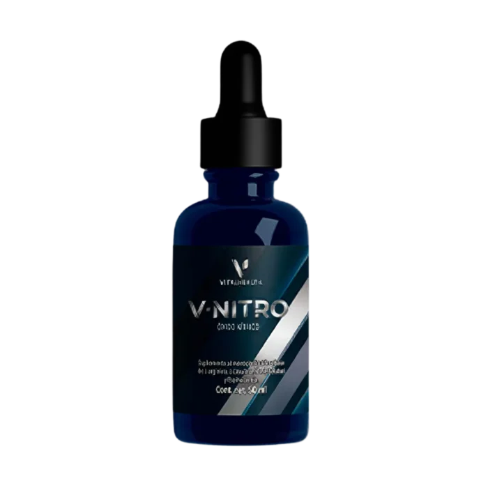 Frasco de V-Nitro VitalHealth con cuentagotas. Suplemento en gotas diseñado para mejorar el rendimiento físico, la circulación y la vitalidad.