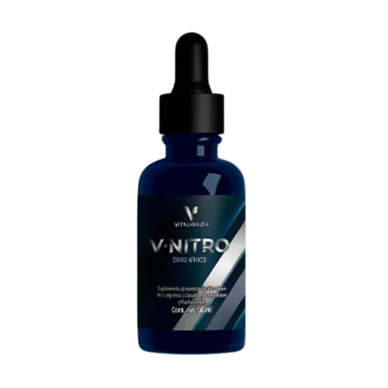Frasco de V-Nitro VitalHealth con cuentagotas. Suplemento en gotas diseñado para mejorar el rendimiento físico, la circulación y la vitalidad.