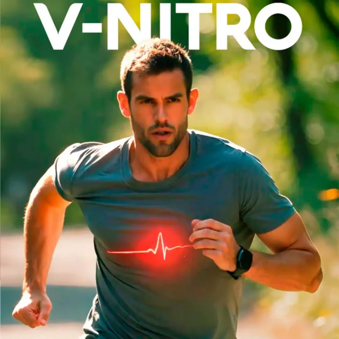 Hombre corriendo al aire libre con gráfico de frecuencia cardíaca sobre el pecho. Imagen promocional de V-Nitro de VitalHealth para energía, circulación y vitalidad masculina.