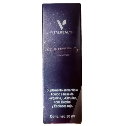 Empaque del suplemento V-Nitro de VitalHealth con óxido nítrico, L-arginina, citrulina, noni y espinaca roja