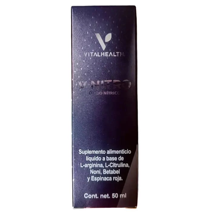 Empaque del suplemento V-Nitro de VitalHealth con óxido nítrico, L-arginina, citrulina, noni y espinaca roja