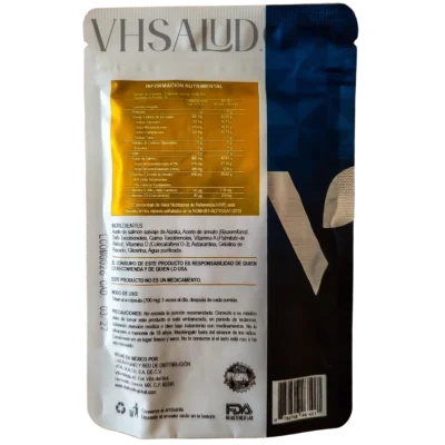 Etiqueta nutricional de V-Omega 3 de VitalHealth – ingredientes, tabla nutrimental y modo de uso del suplemento con EPA, DHA y antioxidantes.