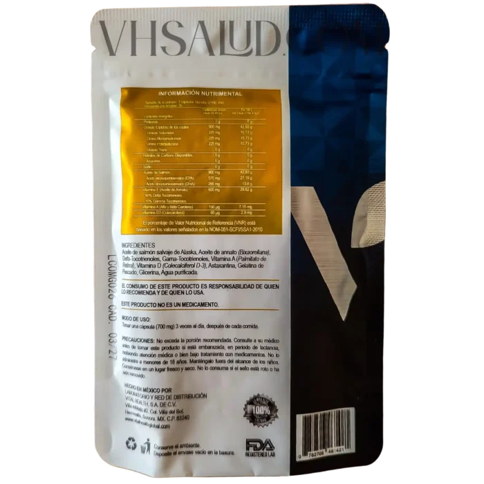 Etiqueta nutricional de V-Omega 3 de VitalHealth – ingredientes, tabla nutrimental y modo de uso del suplemento con EPA, DHA y antioxidantes.
