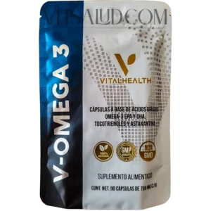 Cápsulas V-Omega 3 de VitalHealth con EPA, DHA, tocotrienoles y astaxantina – salud cardiovascular, cognitiva y antiinflamatoria.