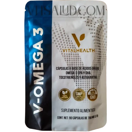 Cápsulas V-Omega 3 de VitalHealth con EPA, DHA, tocotrienoles y astaxantina – salud cardiovascular, cognitiva y antiinflamatoria.