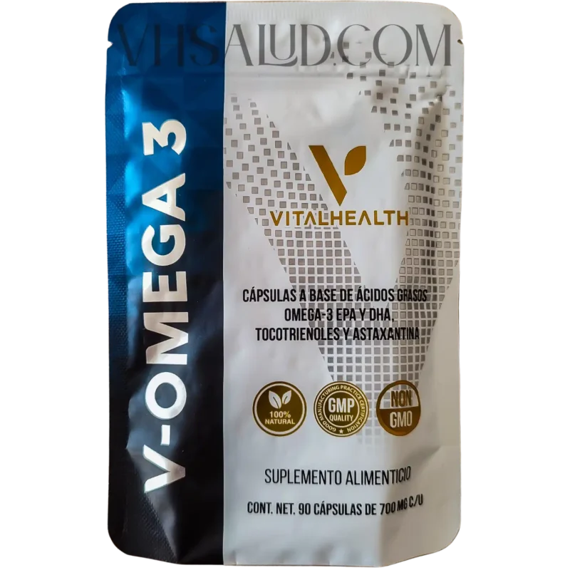 Cápsulas V-Omega 3 de VitalHealth con EPA, DHA, tocotrienoles y astaxantina – salud cardiovascular, cognitiva y antiinflamatoria.
