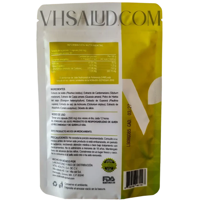 Instrucciones y tabla nutricional del suplemento V-Organex de VitalHealth