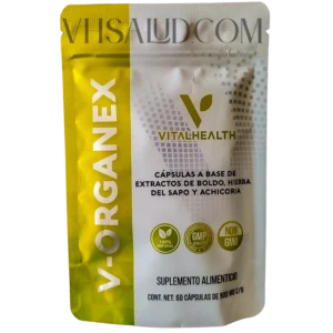 Empaque de V-Organex de VitalHealth, cápsulas naturales con extracto de boldo, hierba del sapo y achicoria