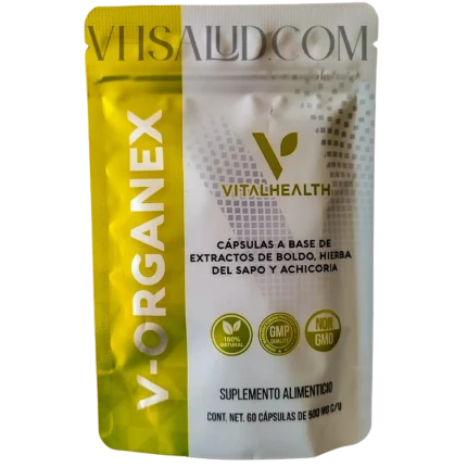 Empaque de V-Organex de VitalHealth, cápsulas naturales con extracto de boldo, hierba del sapo y achicoria