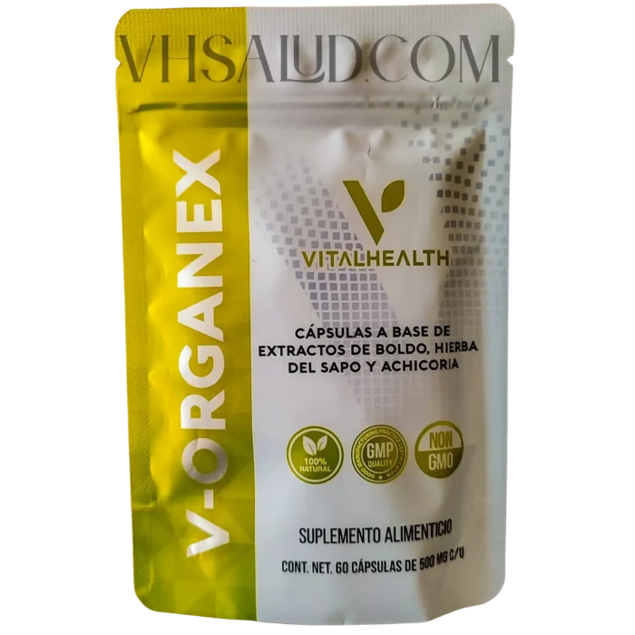 Empaque de V-Organex de VitalHealth, cápsulas naturales con extracto de boldo, hierba del sapo y achicoria