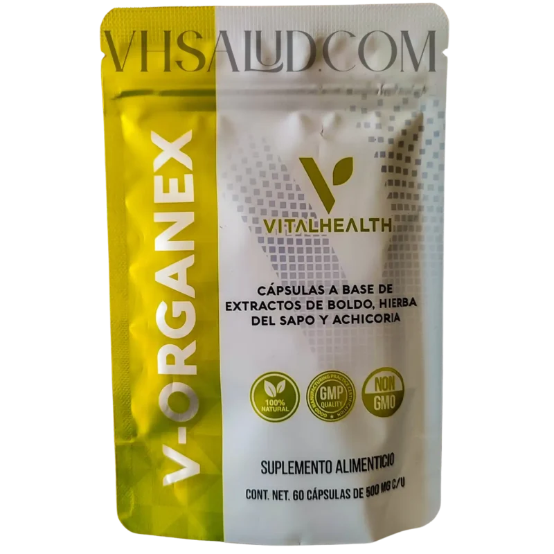 Empaque de V-Organex de VitalHealth, cápsulas naturales con extracto de boldo, hierba del sapo y achicoria