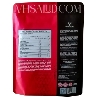 Tabla nutrimental y modo de uso del suplemento V-Thermokafe de VitalHealth.