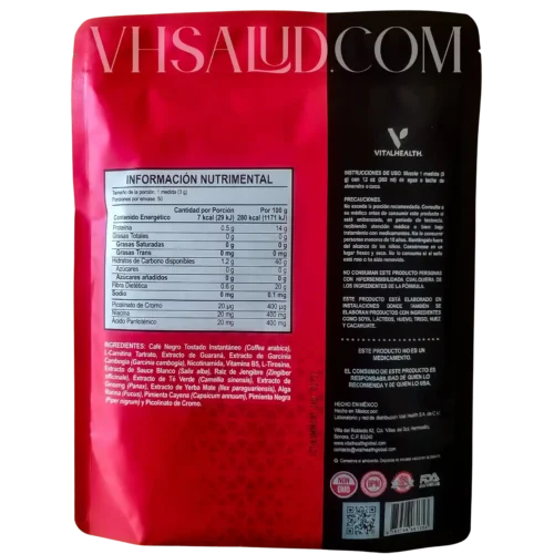 Tabla nutrimental y modo de uso del suplemento V-Thermokafe de VitalHealth.