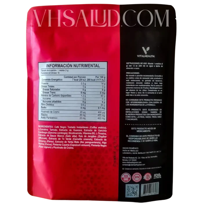 Tabla nutrimental y modo de uso del suplemento V-Thermokafe de VitalHealth.