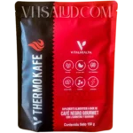 Empaque de V-Thermokafe de VitalHealth, café negro gourmet con L-carnitina y guaraná.