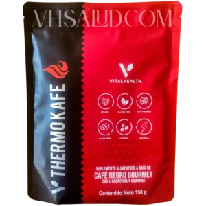 Empaque de V-Thermokafe de VitalHealth, café negro gourmet con L-carnitina y guaraná.