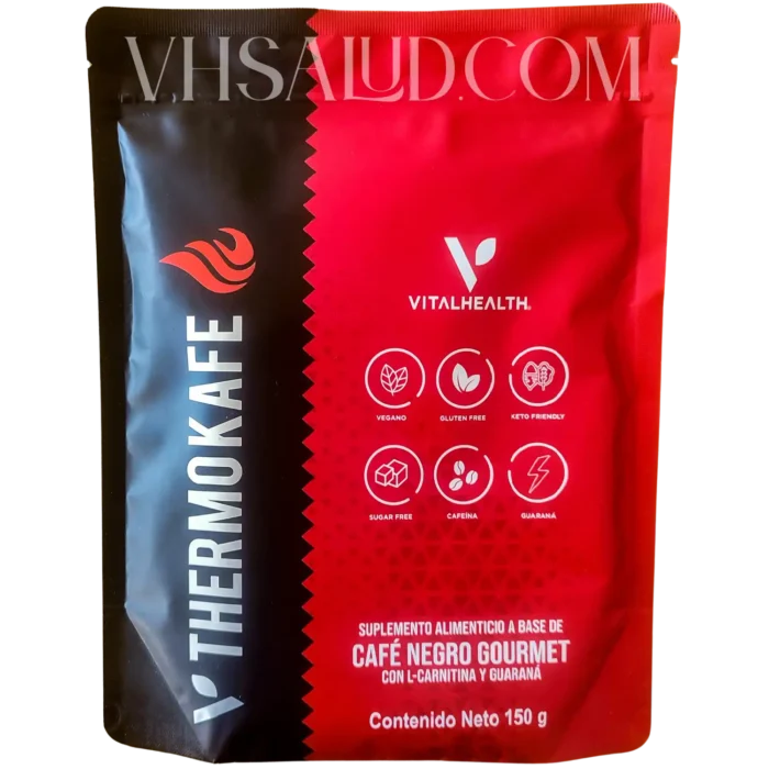 Empaque de V-Thermokafe de VitalHealth, café negro gourmet con L-carnitina y guaraná.