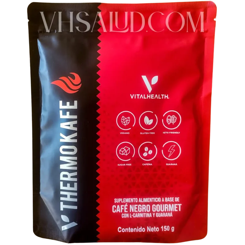 Empaque de V-Thermokafe de VitalHealth, café negro gourmet con L-carnitina y guaraná.