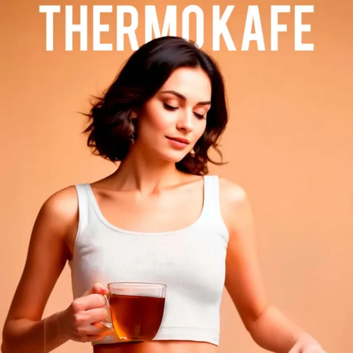 Mujer sosteniendo una taza de V-Thermokafe, portada para videos de testimonios y reacciones del producto.